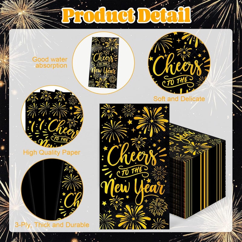 IANFEPH 100Pcs New Year's Eve Napkins - Disposable Black Gold Foil Dinner Napkins for Christmas Birthday Cocktail Party Celebrations Decor - Image 3